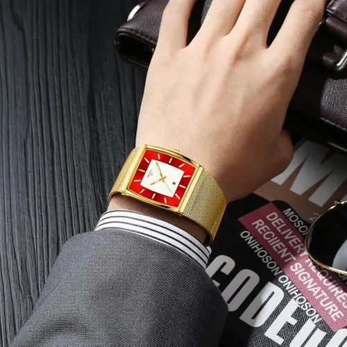 Vista 4 de Relojes para hombre de moda de negocios de lujo casual correa de malla impermeable con fecha cuadrado reloj de pulsera