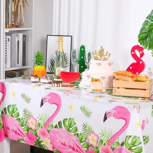 Vista 3 de Preboun 3 manteles de verano con diseño de flamenco para fiestas, mantel de plástico tropical hawaiano, 54 x 108 pulgadas, decoración de mesa rosa