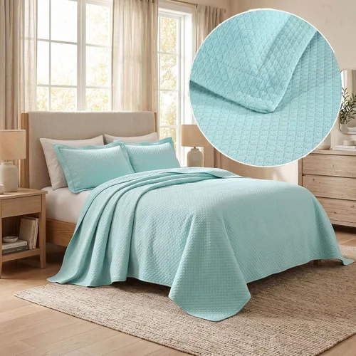 Vista 9 de Cubrecama doble Superior Diamond Solitaire de algodón de primera calidad Jacquard Matelassé con fundas de almohada a tono, color aguamarina, Agua