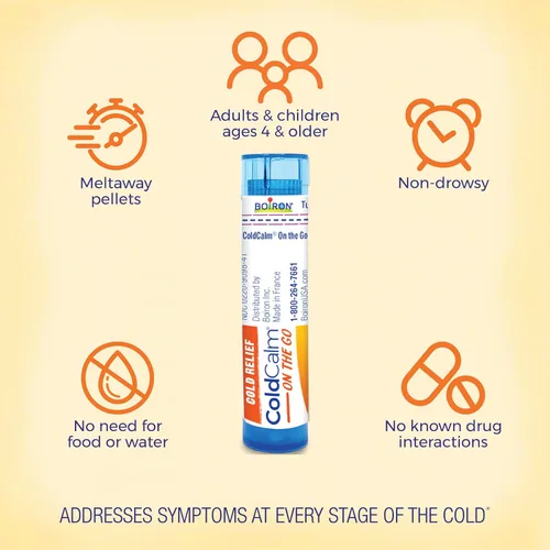 Vista 3 de Boiron ColdCalm On The Go Alivio del Resfriado para Estornudos, Secreción Nasal, Congestión Nasal y Dolor de Garganta - 2 Unidades (160 Píldoras)
