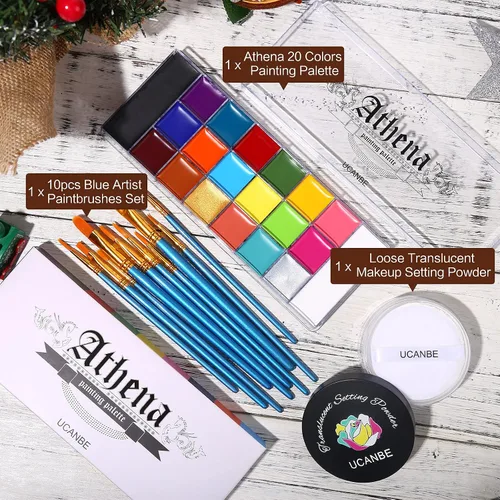 Vista 2 de UCANBE Athena - Paleta de aceite de pintura facial y cuerpo + polvo de ajuste translúcido + juego de 10 pinceles, kit profesional no tóxico