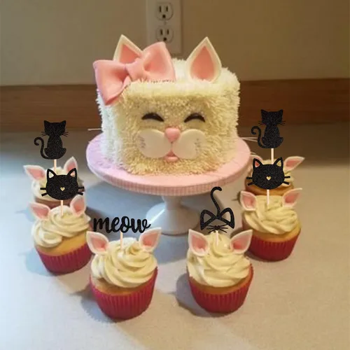 Vista 5 de Paquete de 24 adornos para cupcakes de gato y miau, con purpurina negra, para gatitos, gatos, cupcakes, alimentos, amantes de los gatos, temática