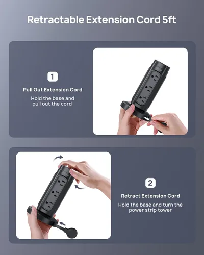 Vista 2 de TROND Torre de Regleta de Alimentación Retráctil – Regleta protectora de sobretensiones de enchufe plano con USB C PD de 20 W, cable de extensión