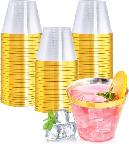 Vista 15 de I00000 100 vasos de plástico dorados, vasos de plástico transparente de 10 onzas con borde dorado, tazas de cerveza, taza dura desechable