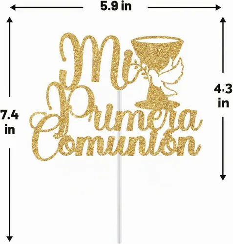 Vista 6 de Mi Primera - Decoración para tartas de comunión, decoración de pastel de la primera comunión española, suministros de decoración de fiesta de Dorado