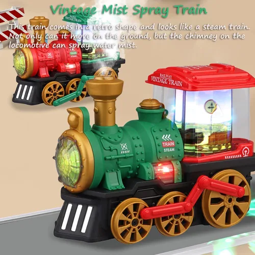 Vista 2 de Miracland Tren de vapor retro con función de pulverización de niebla, juguete locomotora vintage con rueda universal, luces y música y carro Verde