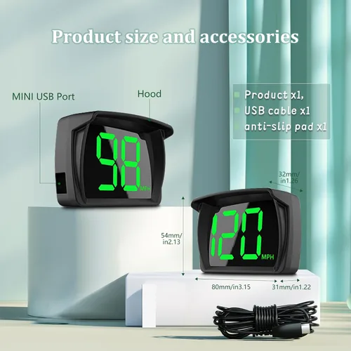 Vista 5 de Liiiyuan Velocímetro HUD, medidor de velocidad digital GPS con MPH, pantalla frontal para todos los coches, cable USB Plug & Play