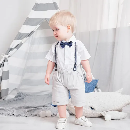 Vista 3 de Conjunto de traje de caballero de manga corta para bebé niño con corbatín + pantalones cortos con tirantes y pantalones cortos para bautizo festivo