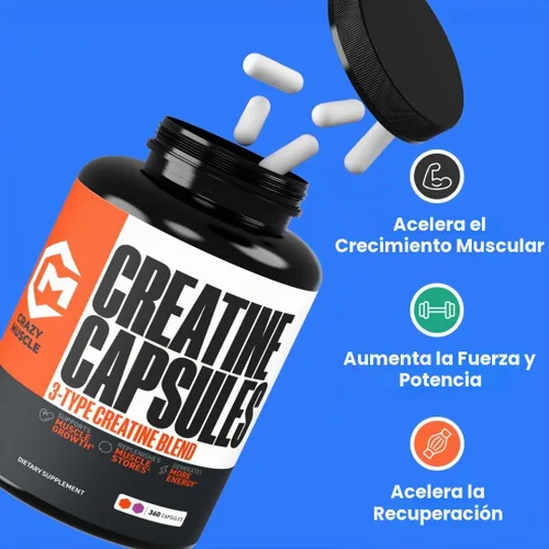 Vista 3 de Cápsulas de creatina, 5g Premium 3X ThreeAtine Pre Workout, Ganador de masa muscular a granel, Creatina monohidrato de alta absorción fácil