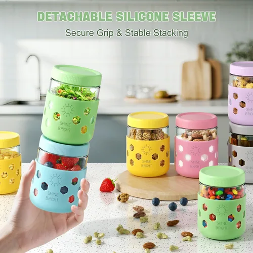 Vista 11 de Lazyshine Paquete de 6 recipientes de vidrio para avena durante la noche con tapas, tarros Mason de 16 onzas con fundas de silicona, tarros Vaso