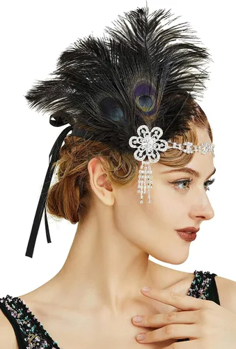 Vista 6 de BABEYOND Diadema de plumas estilo flapper de los años 20, tocado de gran Gatsby de los años 20