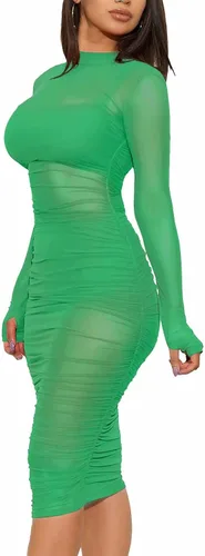 Vista 3 de Sprifloral - Vestido largo, sexi y entallado para mujer, diseño de manga larga, cuello alto, colorido, de malla transparente