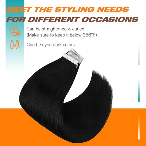 Vista 4 de Sunny Hair - Extensiones de cabello humano real para mujer, con cinta adhesiva invisible, Remy, color negro azabache, 12 pulgadas, 20 piezas