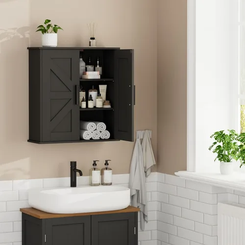 Vista 2 de Homleke Armario de pared para baño, armario de almacenamiento sobre inodoro con puertas de granero y estantes ajustables, botiquín de 3 niveles