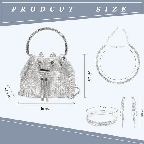 Vista 3 de QZUnique Bolso de cubo de diamantes de imitaciónlentejuelas con conjunto de joyas para mujer, bolso de noche plateado brillante con purpurina