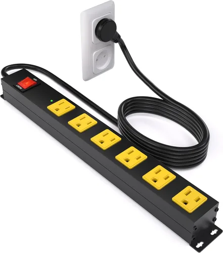 Vista 8 de Regleta de alimentación larga de metal resistente de 6 tomas con disyuntor, cable de extensión, certificación ETL, soporte de pared para garaje