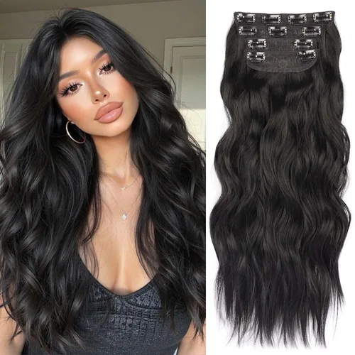 Vista 11 de 4 piezas de extensiones de cabello rizado con clip, color dorado oscuro, mezcla de rubio beige, sintético de 20 pulgadas de largo, extensiones