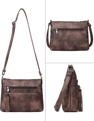 Vista 6 de MASINTOR Bolsos cruzados para mujer, bolso cruzado ligero y mediano, de cuero suave, bolsos de hombro para mujer con borla, café (Vintage Coffee)