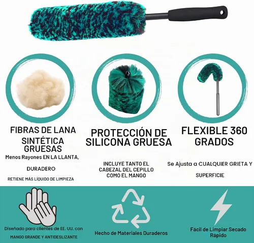 Vista 4 de oesee Juego de 4 cepillos profesionales para ruedas de mango largo para limpiar ruedas y neumáticos, 2 cepillos de limpieza de ruedas suaves