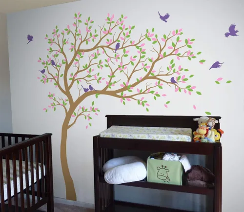 Vista 16 de Calcomanías de pared para árbol grande, calcomanías de árbol inclinado con pájaros, mural de vinilo decorativo KW032