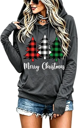 Vista 16 de LLHXRUI Sudadera de Navidad con diseño de árbol a cuadros y rayas para mujer, camiseta con bolsillo con capucha, manga larga, bloque de color Como