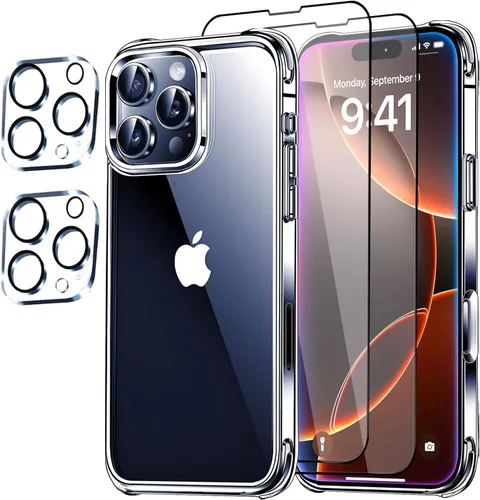 Vista 12 de Funda transparente 5 en 1 para iPhone 12, con 2 protectores de pantalla de vidrio templado HD de dureza 9H + 2 protectores de lente de cámara, funda