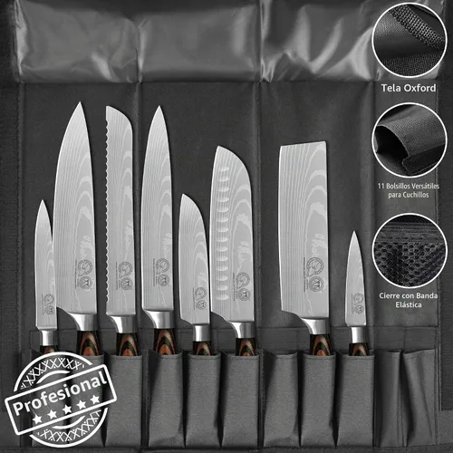 Vista 2 de XYJ Juego de cuchillos de cocina de acero inoxidable de 8 piezas con funda de transporte y funda de mango ergonómico para equilibrar bien