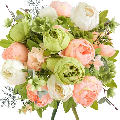 Vista 13 de Ramo de peonías artificiales – Juego de 2 tallos de flores de seda sintética – Ramos listos para el estilo para bodas, decoración del hogar, eventos
