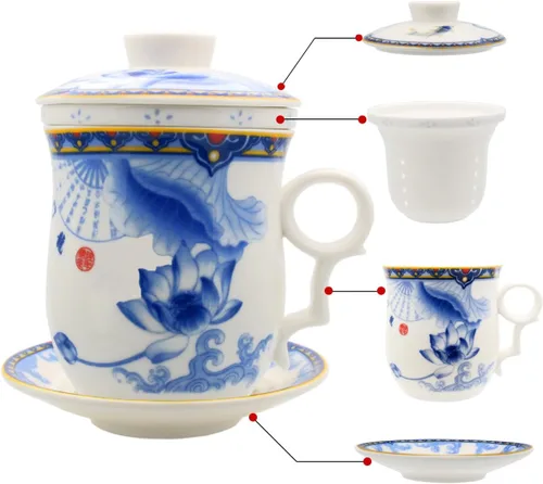 Vista 11 de Taza de té de porcelana con tapa de infusor y juegos de platillos – Taza de café de cerámica china Jingdezhen Taza de té de hoja suelta Sistema