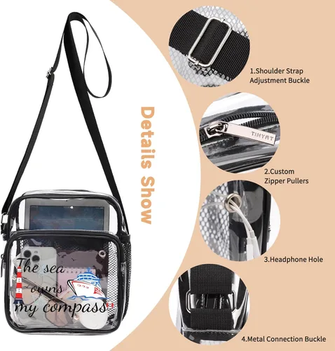 Vista 6 de TINYAT Bolso cruzado transparente para eventos de estadio para mujer, con correa ancha ajustable, bolsa de hombro transparente