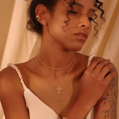 Vista 31 de Fettero - Collar con dije de cruz de fe, chapado en oro de 14 K, cadena fina, minimalista, simple, pequeña, para oración, regalo de joyería religiosa