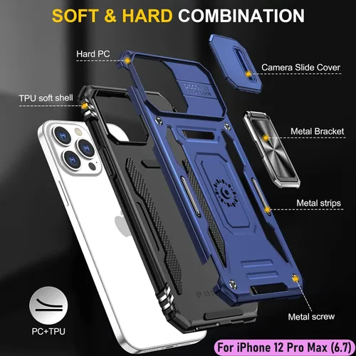 Vista 3 de Funda resistente para Apple iPhone 12 Pro Max, protector híbrido de goma de doble capa de grado militar con protector de cámara deslizante, soporte