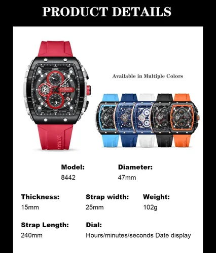 Vista 6 de Relojes cronógrafo de lujo para hombre correa de goma clásico impermeable fecha analógico reloj de cuarzo