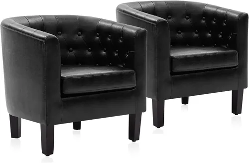 Vista 15 de BELLEZE Sillas de acento negras para sala de estar, elegante silla de brazo tapizada con respaldo capitoné en forma de barril, silla de club