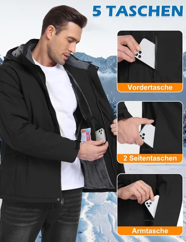 Vista 4 de Chaqueta de esquí para hombre, impermeable, con forro de vellón, abrigo de nieve cálido, cortavientos, con capucha, para el invierno