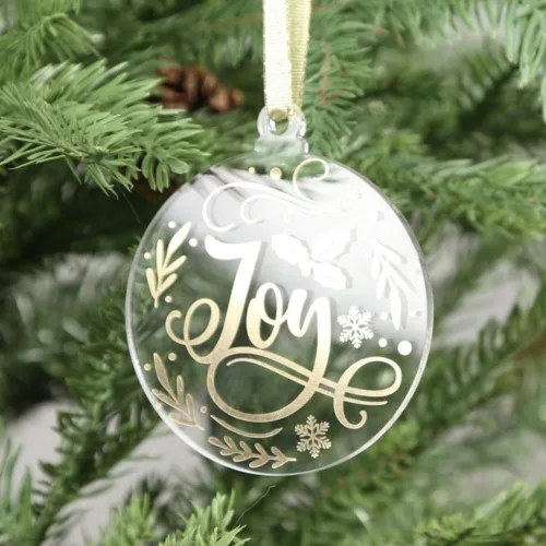 Vista 5 de UNIQOOO Juego de 12 adornos dorados de Navidad 2025, decoraciones para árbol de Navidad, ideas de regalo, adornos de acrílico transparente con 6