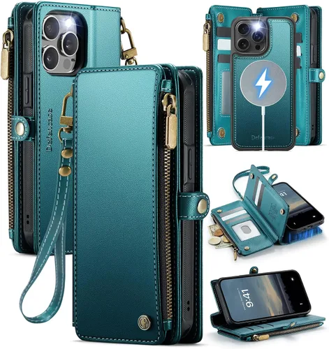 Vista 14 de Defencase Funda magnética para iPhone 13 Pro compatible con Magsafe con bloqueo RFID, correa de cremallera y tarjetero para mujer, funda de piel