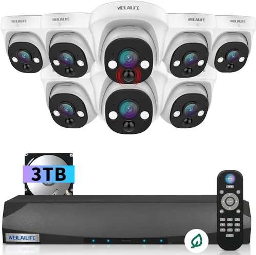 Vista 10 de 【Gran angular de 130° y 90 días de almacenamiento】Sistema de cámara de seguridad de cúpula con cable, sistemas de cámara de videovigilancia