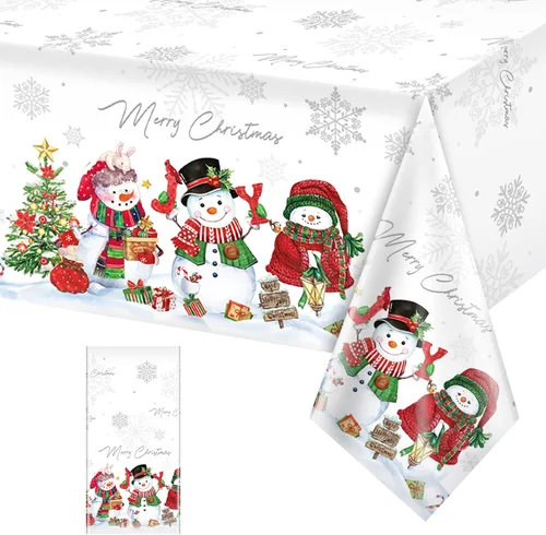Vista 12 de FunnyPars 3 piezas manteles de muñeco de nieve navideños de plástico, cubierta de mesa de invierno con copos de nieve y árbol de Navidad