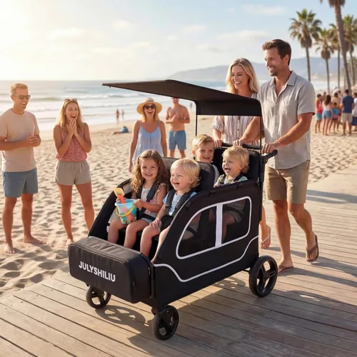 Vista 6 de Cochecito grande de 4 plazas, 2, 3, niños pequeños, color negro Car Shaped, Foldable, All Terrain, Removable Canopy, 5 Point Harness, Travel