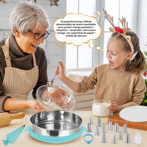 Vista 4 de Molde desmontable de 10 pulgadas para hornear, molde de acero inoxidable 304 para tartas de queso con parte inferior extraíble, incluye 12 boquillas
