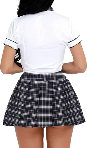Vista 3 de easyforever Disfraz de colegiala para mujer, uniforme de cosplay, minifalda plisada con camisa de corbata Oxford
