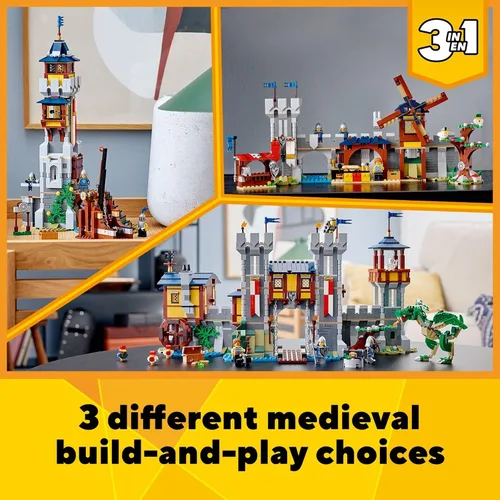Vista 3 de LEGO Creator 3 en 1 - Juguete de castillo medieval que se transforma de castillo a torre en mercado, incluye figura de esqueleto y dragón, con 3