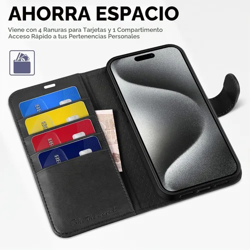 Vista 7 de TUCCH Funda tipo cartera para iPhone 15 Pro Max (6.7") 2023, 4 tarjeteros Negro