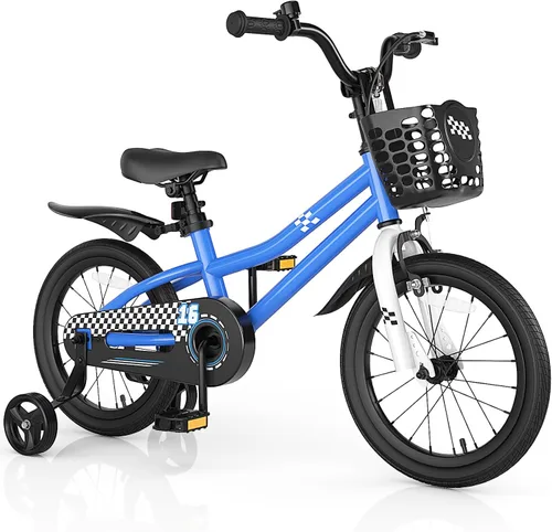 Vista 7 de HONEY JOY Bicicleta para niños, 12, 14, 16, 18, 20 pulgadas, con ruedas de entrenamiento y freno de mano, marco de acero, cadena totalmente cerrada