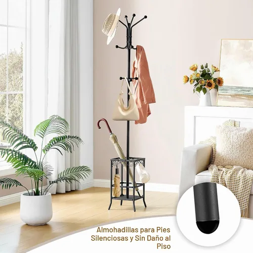 Vista 3 de Hoctieon Perchero independiente, Perchero con soporte para paraguas, perchero de metal con 12 ganchos, soporte para colgar abrigos de pie, soporte