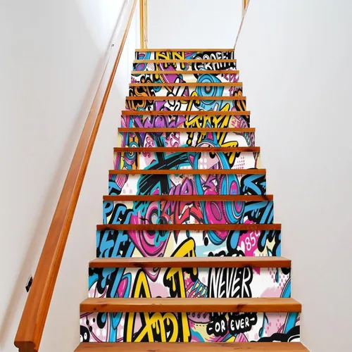 Vista 10 de Calcomanías modernas de grafiti en acuarela, calcomanías para escaleras para escaleras, abstracto, hip hop, ciudad, calle, pared, colorido, grafiti