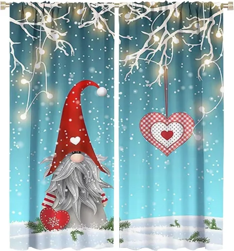 Vista 37 de Cortinas de Navidad de gnomo, bolas de árbol de Navidad, luces, regalos, decoración de tablones para sala de estar, dormitorio, bolsillo para barra
