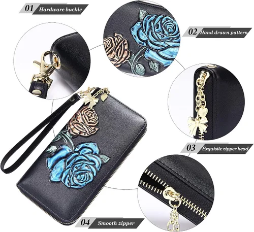 Vista 5 de FEITH & FELLY - Cartera con bloqueo RFID para mujer, de cuero grabado en relieve, talla única