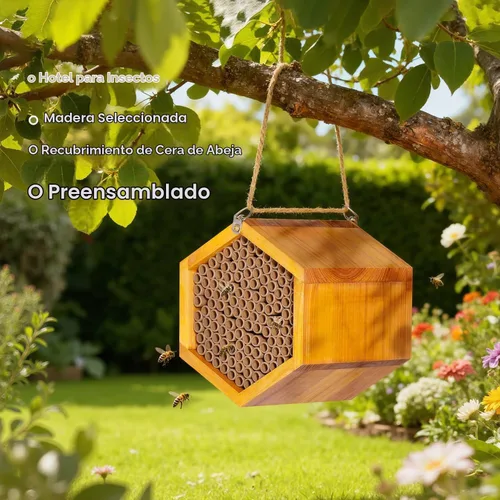 Vista 2 de Mason Bee House - Colmena de abejas de madera natural hecha a mano recubierta con cera para una larga vida útil y resistente al agua - Atrae